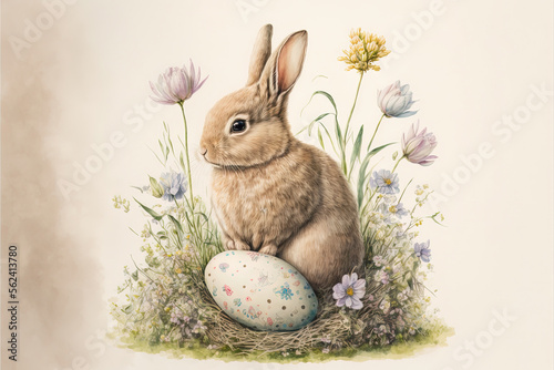 Watercolor easter illustration. Cute bunny, eggs, spring flowers. Generative AI