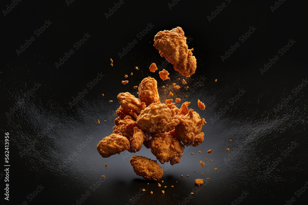 Fried chicken bits floating through the air in slow motion against a black background. idea of food floating. Generative AI - obrazy, fototapety, plakaty 
