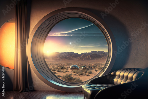 view out of a window from a scifi planet hotel, modern look but peaceful, generative ai technology