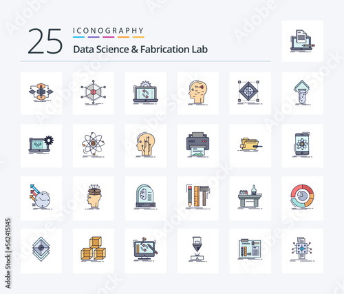 Data Science And Fabrication Lab 25 Line Filled icon pack including hacking. brain. information. sync. analysis