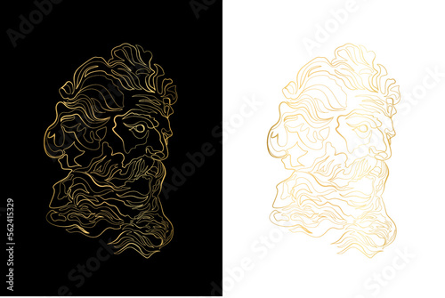 Zeus, God of thunder, sculpture, Printable One Line Drawing, One line drawing sketch Zeus sculpture. Greece mythology statue hand drawn continuous line, ancient greek god. Modern vector art