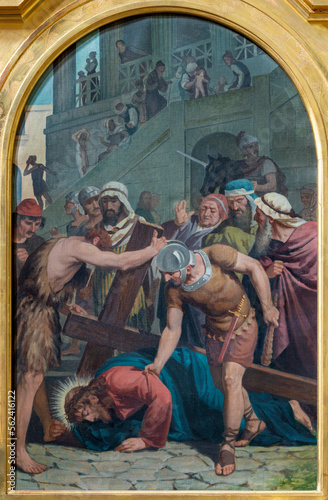 VARALLO, ITALY - JULY 17, 2022: The painting Fall of Jesus under the cross in...