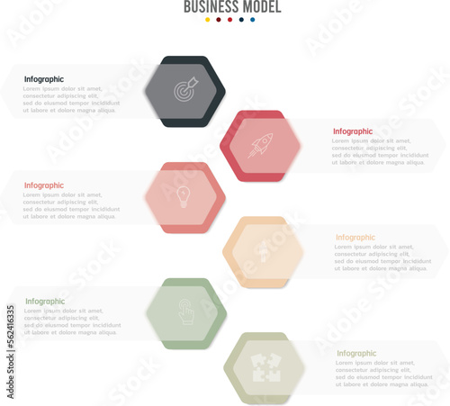 Steps progress bussines model with 6 color palette multicolored cards. Infographic template hexagon design options. Task management concept. Vector illustration for mobile application, blog, or market