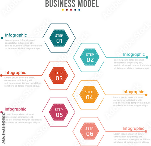 Steps progress bussines model with 6 multicolored cards. Infographic template hexagon design options. Task management concept. Vector illustration for application, blog, or marketing diagram