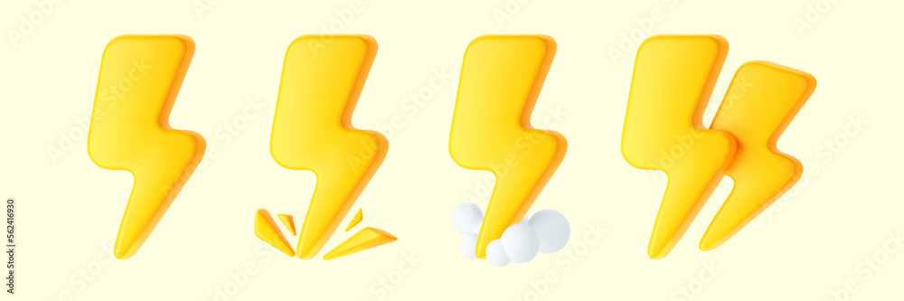 3d yellow thunderbolt with sparks, smoke clouds and double lightning icons on white background. Render of lightning hit, electric strikes, flash of thunderbolt. 3d cartoon simple vector illustration. 3d yellow thunderbolt with sparks, smoke clouds and double lightning icons on white background. Render of lightning hit, electric strikes, flash of thunderbolt. 3d cartoon simple vector illustration.