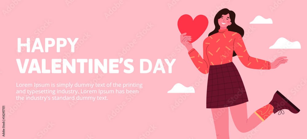 Valentine's Day or 14-february web banner concept with girl character with heart in flat style and happy valentines day text. Girl hold big paper red heart thinking about date invitation. Valentine's Day or 14-february web banner concept with girl character with heart in flat style and happy valentines day text. Girl hold big paper red heart thinking about date invitation.