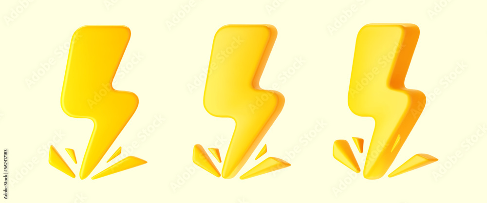 3d yellow thunderbolt with sparks, lightning icons isolated on white background. Render of lightning hit, electric strikes, flash of thunderbolt. 3d cartoon simple vector illustration. 3d yellow thunderbolt with sparks, lightning icons isolated on white background. Render of lightning hit, electric strikes, flash of thunderbolt. 3d cartoon simple vector illustration.