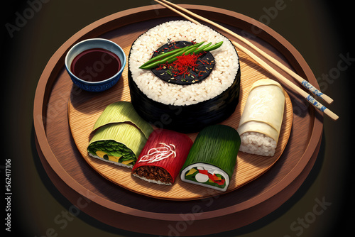 Various seasonings are combined with steamed white rice bap to create the Korean roll Gimbap kimbob. Generative AI photo