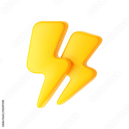 3d yellow thunderbolt, double lightning icon isolated on white background. Render of lightning hit, electric strike, flash of thunderbolt. 3d cartoon simple vector illustration