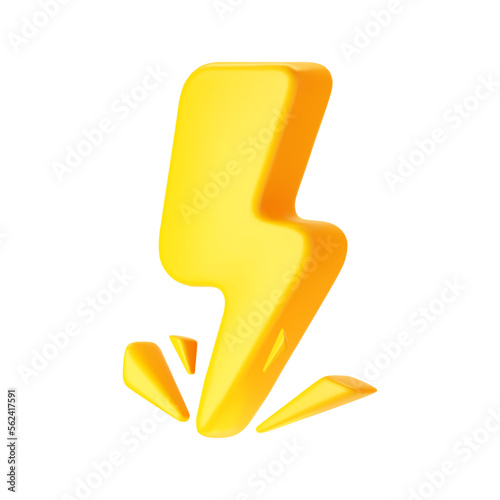 3d yellow thunderbolt with sparks, lightning icon isolated on white background. Render of lightning hit, electric strike, flash of thunderbolt. 3d cartoon simple vector illustration