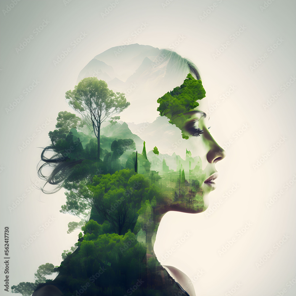 Face Girl Ecology Forest. Generative AI. Natural Tree and Green Theme. Nature Double Exposure Effect.