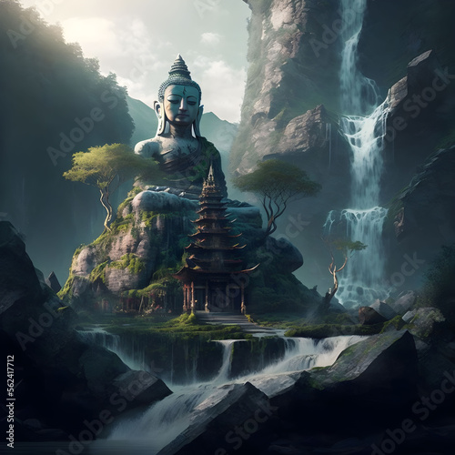 Buddha Statue with Pagoda Waterfall. Generative AI. Buddhism Religion Illustration. Nature and Faith. Asian Oriental Way of Lifestyle.