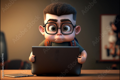 Student working on laptop computer. Boy with glasses studying for school. AI generative