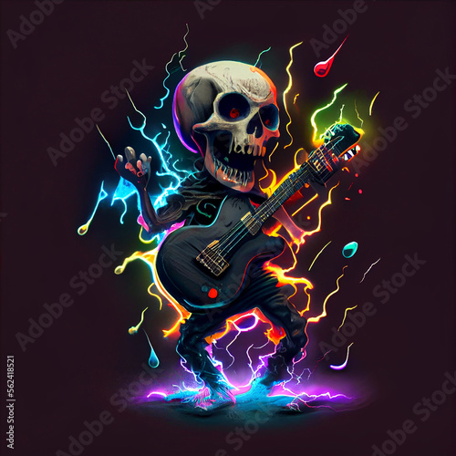 Baby skeleton playing guitar. Generative AI.