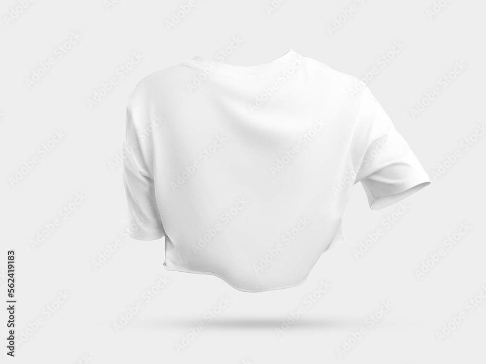 White t-shirt mockup in dynamic with wrinkles, 3D rendering back view, female trendy crop top, isolated on background.