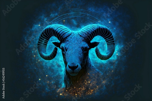 Zodiac sign in a circle of Aries on a starry blue sky.Starry sky symbol of Aries sign.Ai generated.
