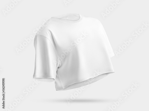 White t-shirt mockup with cropped bottom, 3D rendering front, side view, female crop top, for design, advertising.