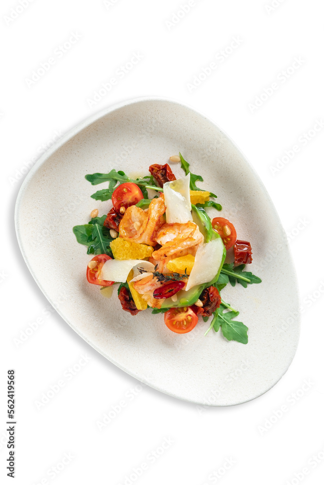 Warm salad with shrimp, arugula, parmesan and tomatoes, served on a plate, isolated on a white background Warm salad with shrimp, arugula, parmesan and tomatoes, served on a plate, isolated on a white background