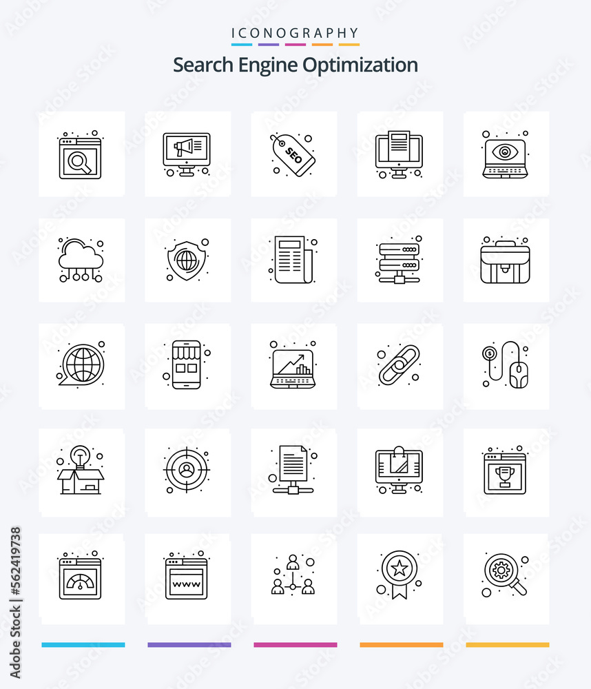 Creative Seo 25 OutLine icon pack  Such As computing. web cyber monitoring. tag. monitoring eye. seo