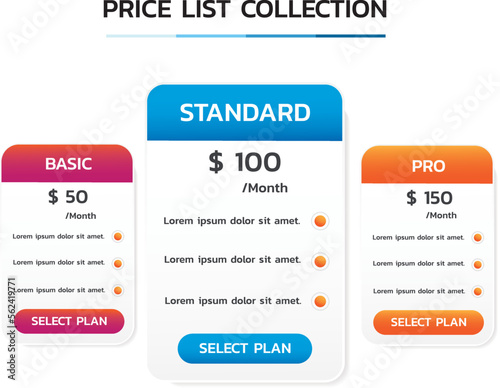 Price table concept vector design. Pricing or subscription plan web elements. Website marketing or promotion interface template. Product comparison table.