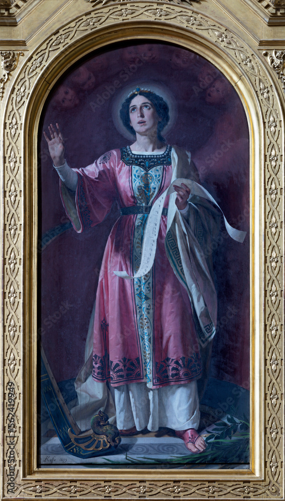 VARALLO, ITALY - JULY 17, 2022: The painting of St. Cecilia in the church Collegiata di San Gaudenzio by Enrico Reffo (1899).