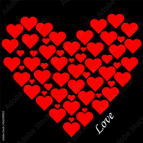  A shape of heart contain of a small red hearts with text love on black background