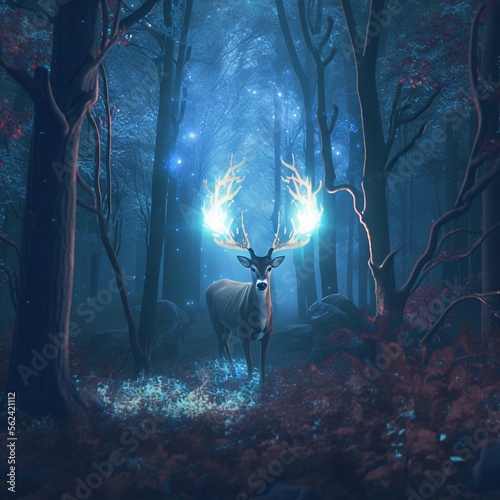 Colorful illustration of a deer with glowing horns. High quality illustration