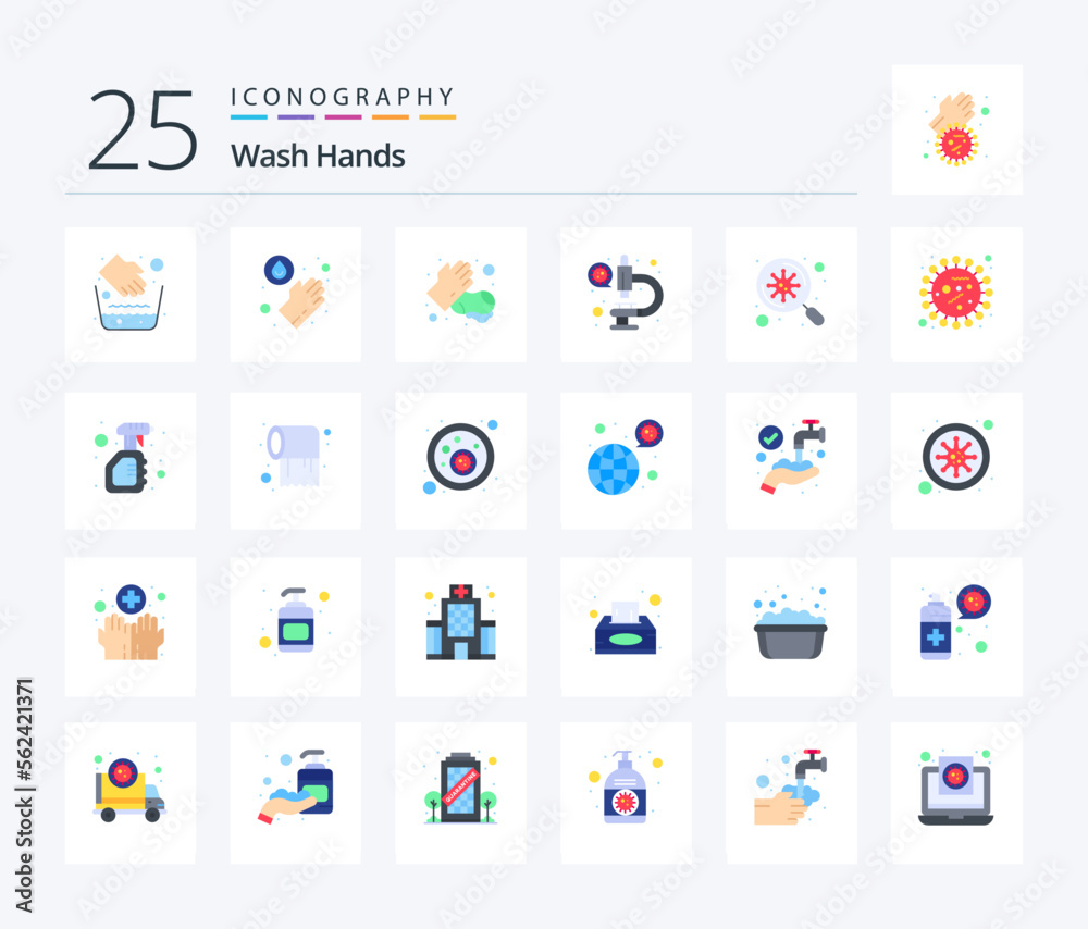 Wash Hands 25 Flat Color icon pack including virus. bacteria. hands. virus. laboratory