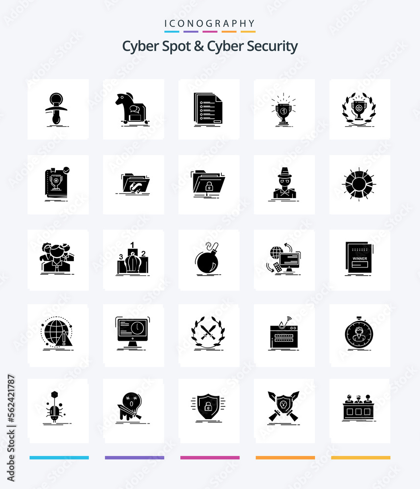 Creative Cyber Spot And Cyber Security 25 Glyph Solid Black icon pack  Such As prize. award. trojan. registration. list