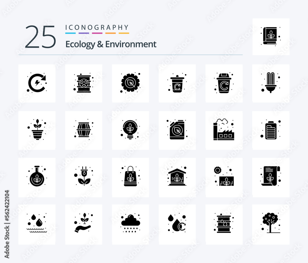 Ecology And Environment 25 Solid Glyph icon pack including energy. trash. environment. remove. garbage