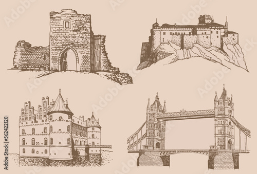 Graphical vintage set of medieval catles, vector sepia illustration.Architecture