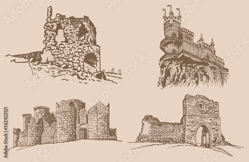 Graphical vintage set of medieval catles, vector sepia illustration.Architecture