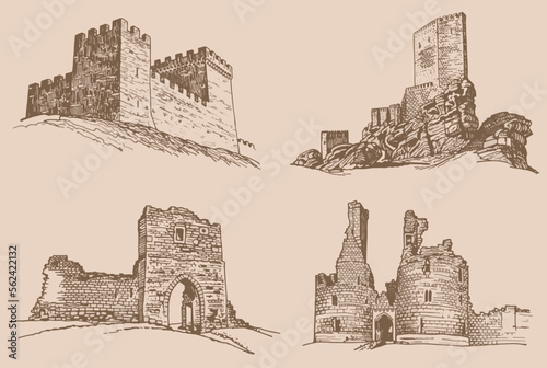 Graphical vintage set of medieval catles, vector sepia illustration.Architecture photo