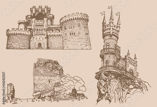 Graphical vintage set of medieval catles, vector sepia illustration.Architecture