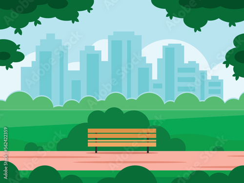 Empty city park against the backdrop of skyscrapers. Outdoor leisure. Summer park with trees bench and walkway. Town landscape. Vector illustration