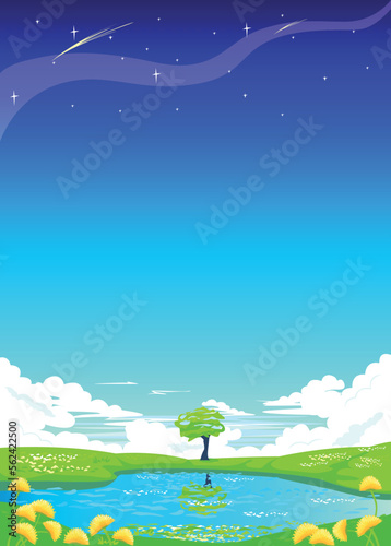 A beautiful landscape with blue skies turning into starry space  clouds  a flowering meadow  a beautiful lake and a tree reflected in it. The earth is beautiful. Take care of the environment. Vector.