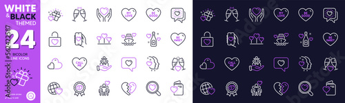 Love gift, Honeymoon cruise and Hold heart line icons for website, printing. Collection of Be good, Heart, Inclusion icons. Wedding glasses, Friends chat, Be sweet web elements. Vector