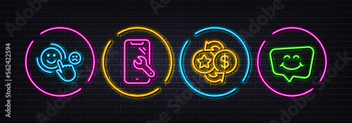 Smartphone repair, Loyalty points and Customer satisfaction minimal line icons. Neon laser 3d lights. Smile chat icons. For web, application, printing. Vector