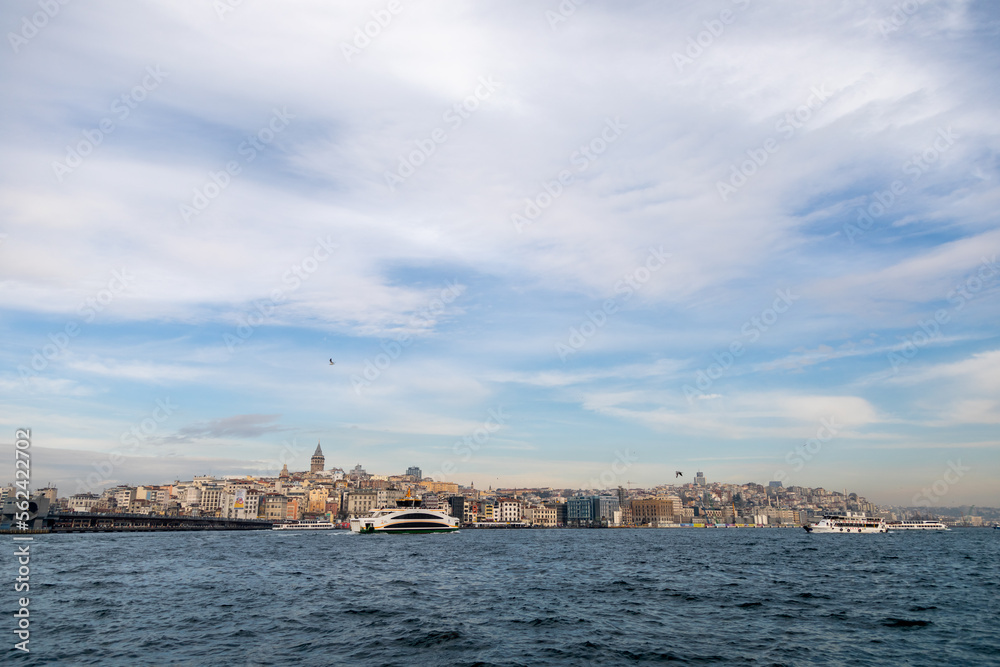 Passenger Boats In Istanbul Turkey passing though Bosphorus
