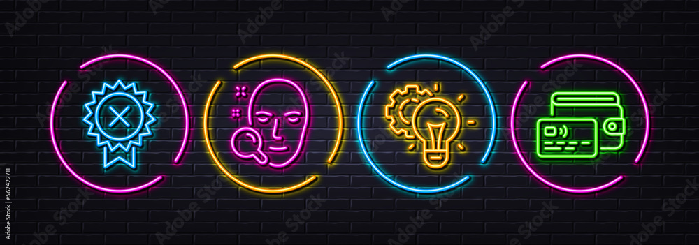 Reject medal, Idea gear and Face search minimal line icons. Neon laser 3d lights. Wallet icons. For web, application, printing. Award rejection, Technology process, Find user. Vector