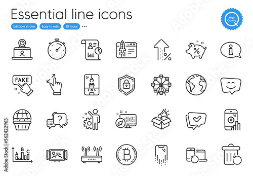 Wifi, Online shopping and Timer line icons. Collection of Smile face, Seo phone, Loan percent icons. Web system, Employee, Smartphone recovery web elements. Start business. Outline wifi icon. Vector