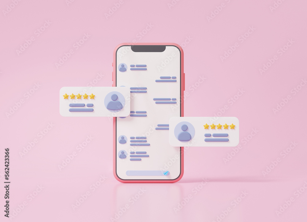 Message call center service mobile phone with chat or talk comment digital marketing social media online rating concept with show speech, communication on pink background. 3d render illustration - obrazy, fototapety, plakaty 