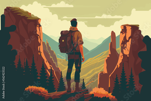Backpack standing on top of mountain. Tourist man looking on the mountain. Young and strong male character.