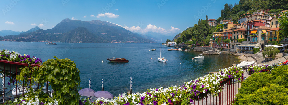 VARENNA, ITALY - JULY 20, 2022: The beach, town and Como lake.