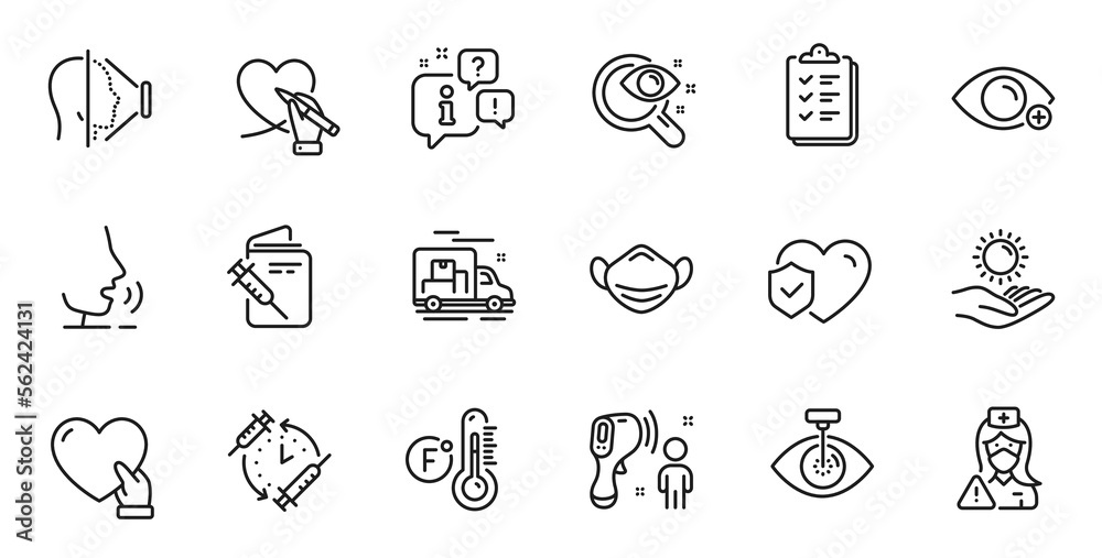 Outline set of Volunteer, Farsightedness and Vaccination passport line icons for web application. Talk, information, delivery truck outline icon. Vector