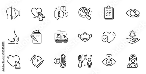 Outline set of Volunteer  Farsightedness and Vaccination passport line icons for web application. Talk  information  delivery truck outline icon. Vector