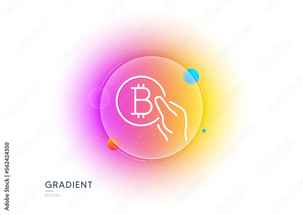 Bitcoin pay line icon. Gradient blur button with glassmorphism. Cryptocurrency coin sign. Crypto money symbol. Transparent glass design. Bitcoin pay line icon. Vector