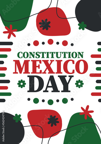 Mexico Constitution Day. National happy holiday, celebrated annual in February. Mexican pattern and colors. Patriotic elements. Festival design. Poster, card, banner and background. Vector