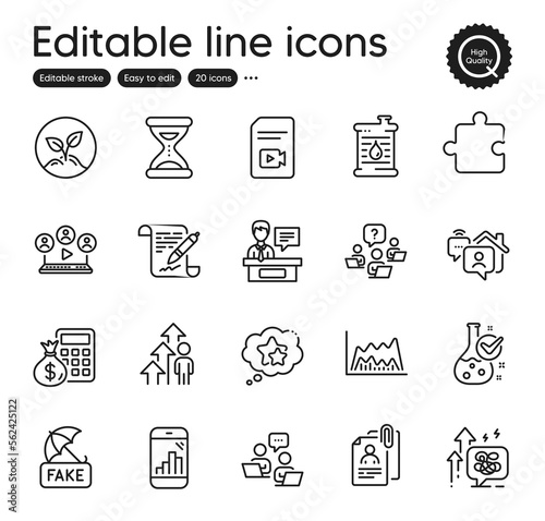 Set of Education outline icons. Contains icons as Employee result, Work home and Teamwork elements. Ranking stars, Fake news, Video conference web signs. Oil barrel, Finance calculator. Vector