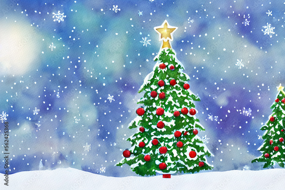 beautiful snowy Christmas tree watercolor painting created with Generative AI technology